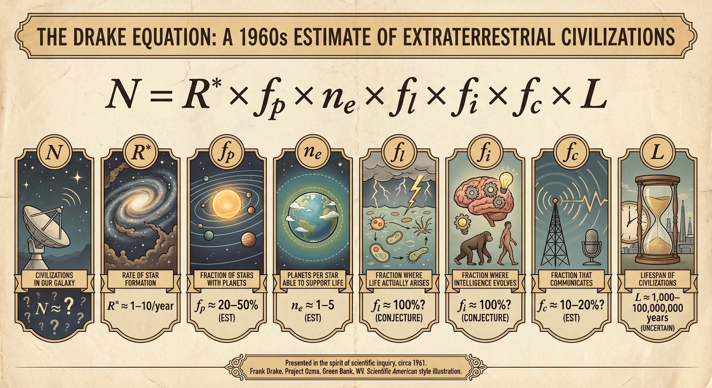 Visual representation of the Drake Equation with updated 2026 estimates for each term