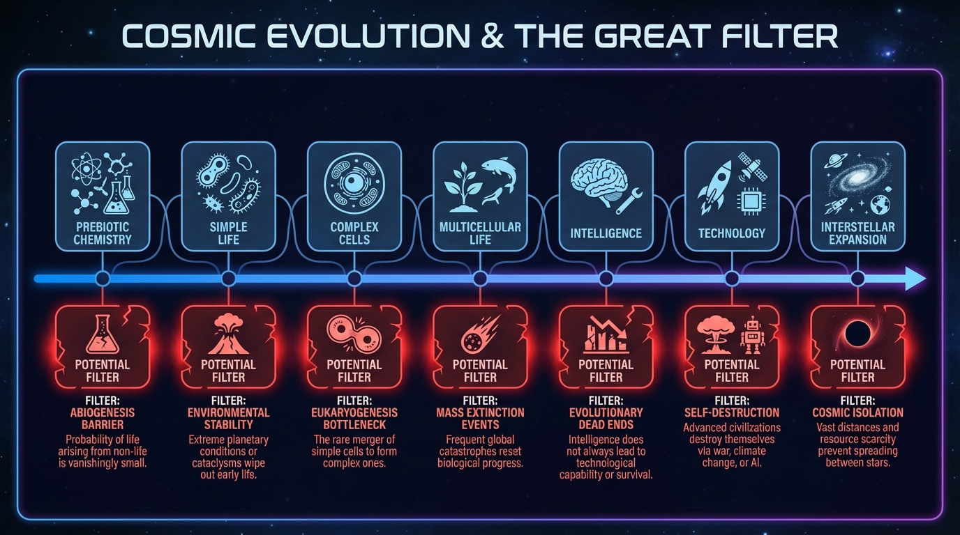 Diagram showing the Great Filter concept with various potential filter points along civilization development