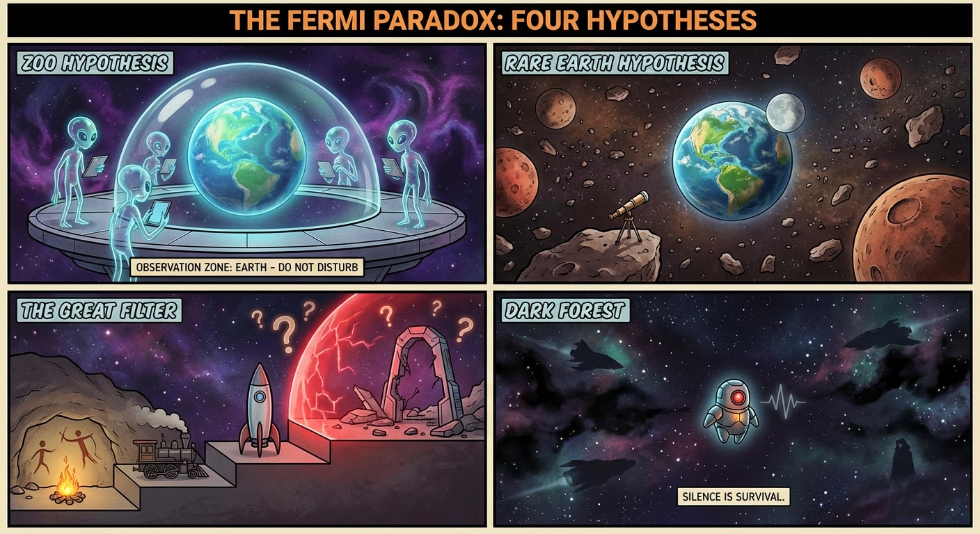 Illustration of various Fermi Paradox hypotheses showing different scenarios for alien civilizations