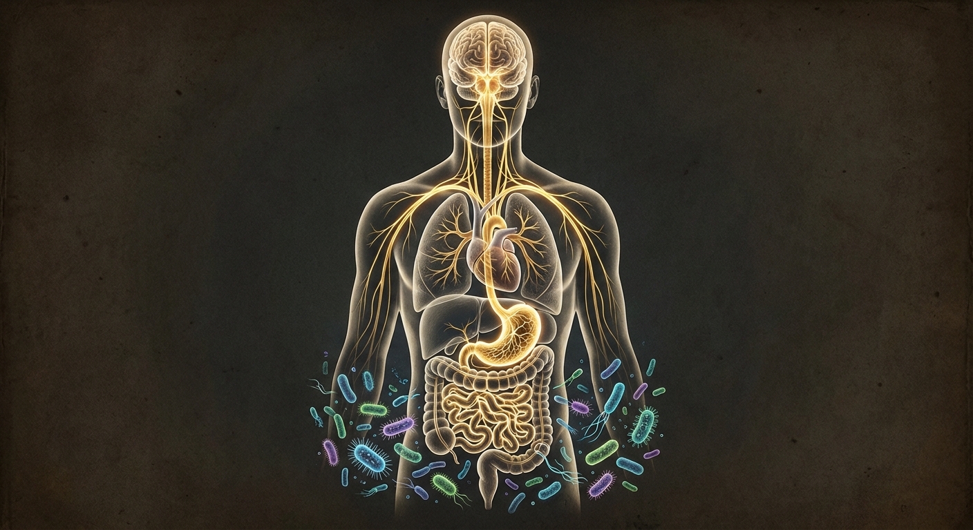 Anatomical illustration showing the vagus nerve connecting the brain to the digestive system