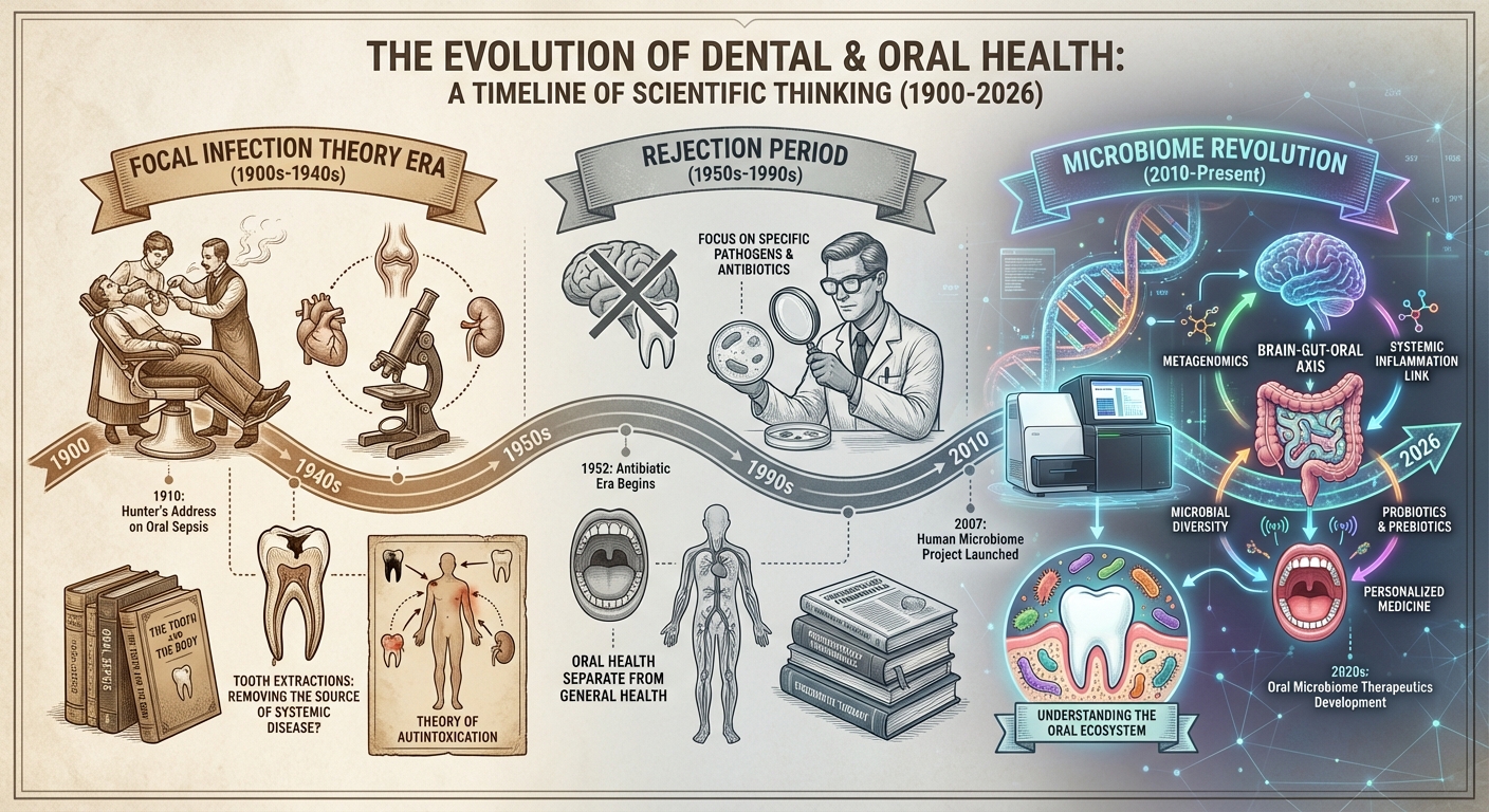 Timeline showing the evolution of understanding about oral bacteria and systemic disease from 1900 to 2026