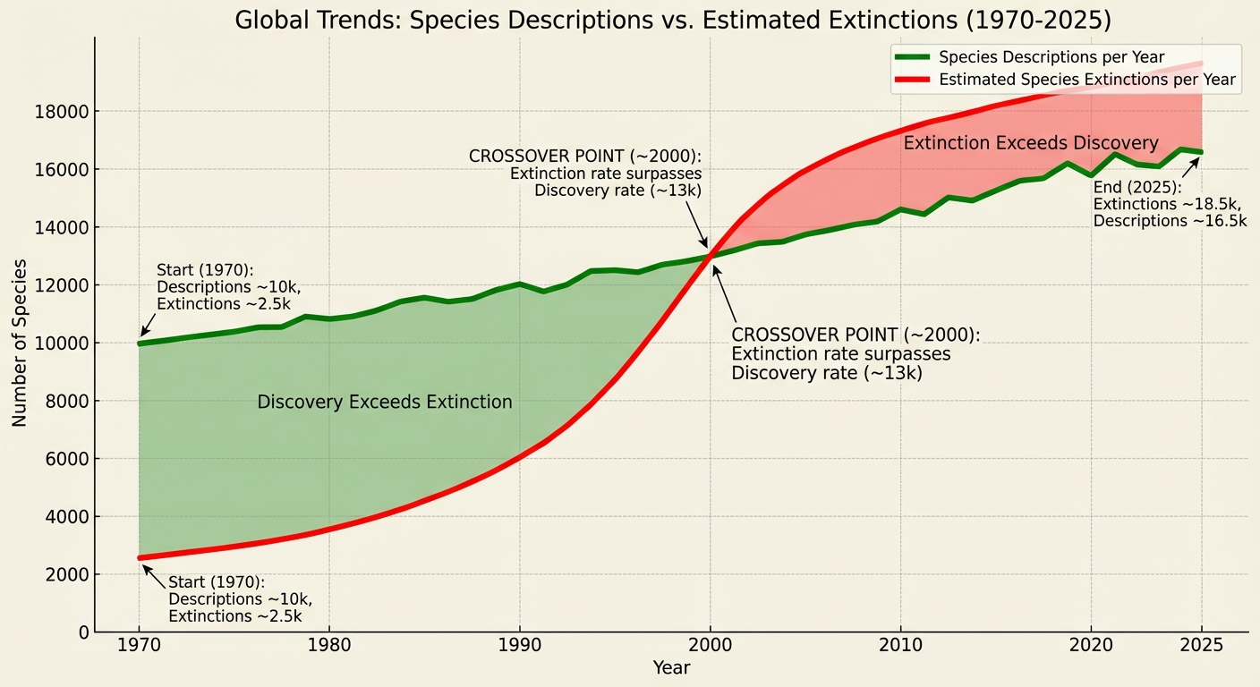 Side-by-side comparison of species discovery rate vs extinction rate over time