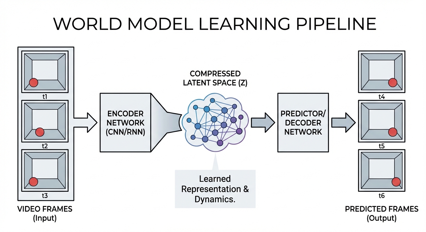 Diagram showing how world models learn from video input to make physical predictions