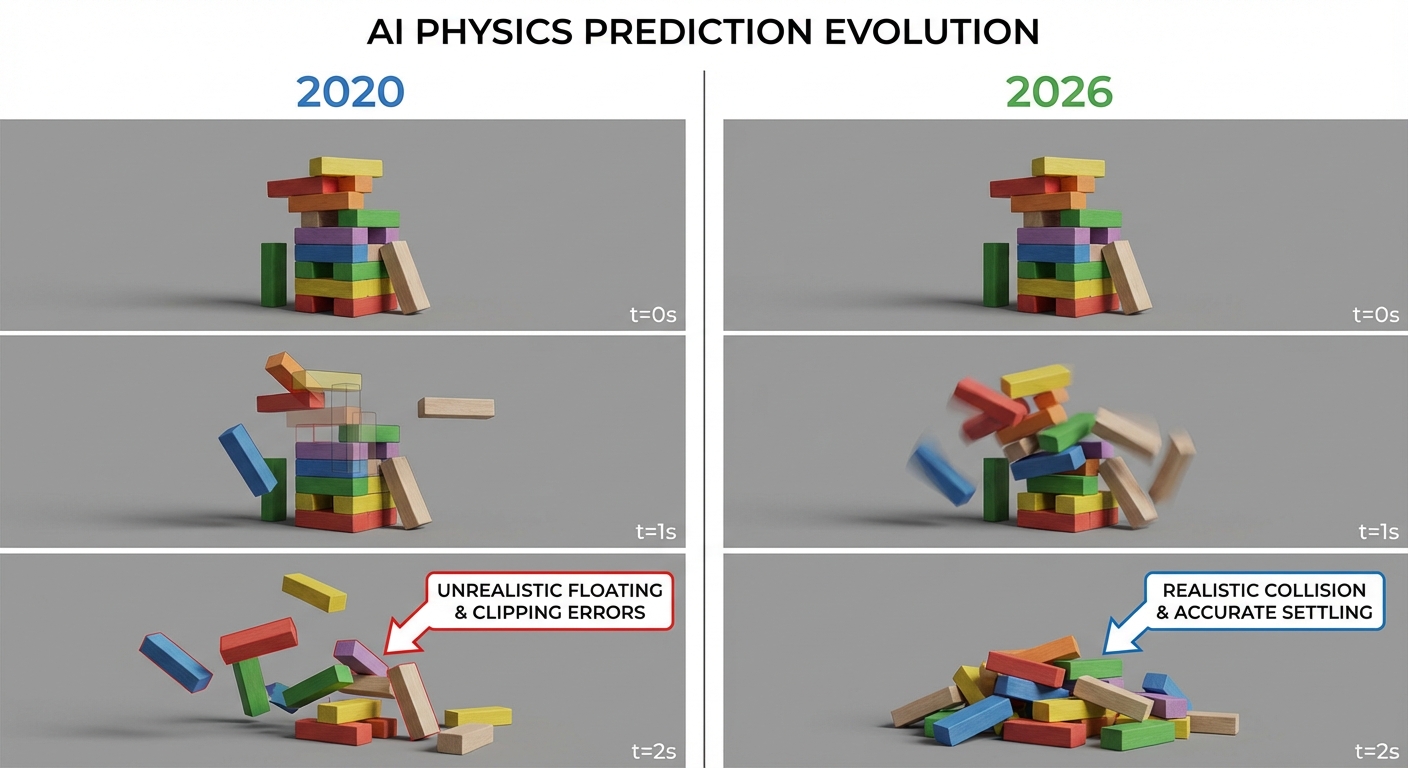 Comparison of early AI physics predictions versus modern world model predictions
