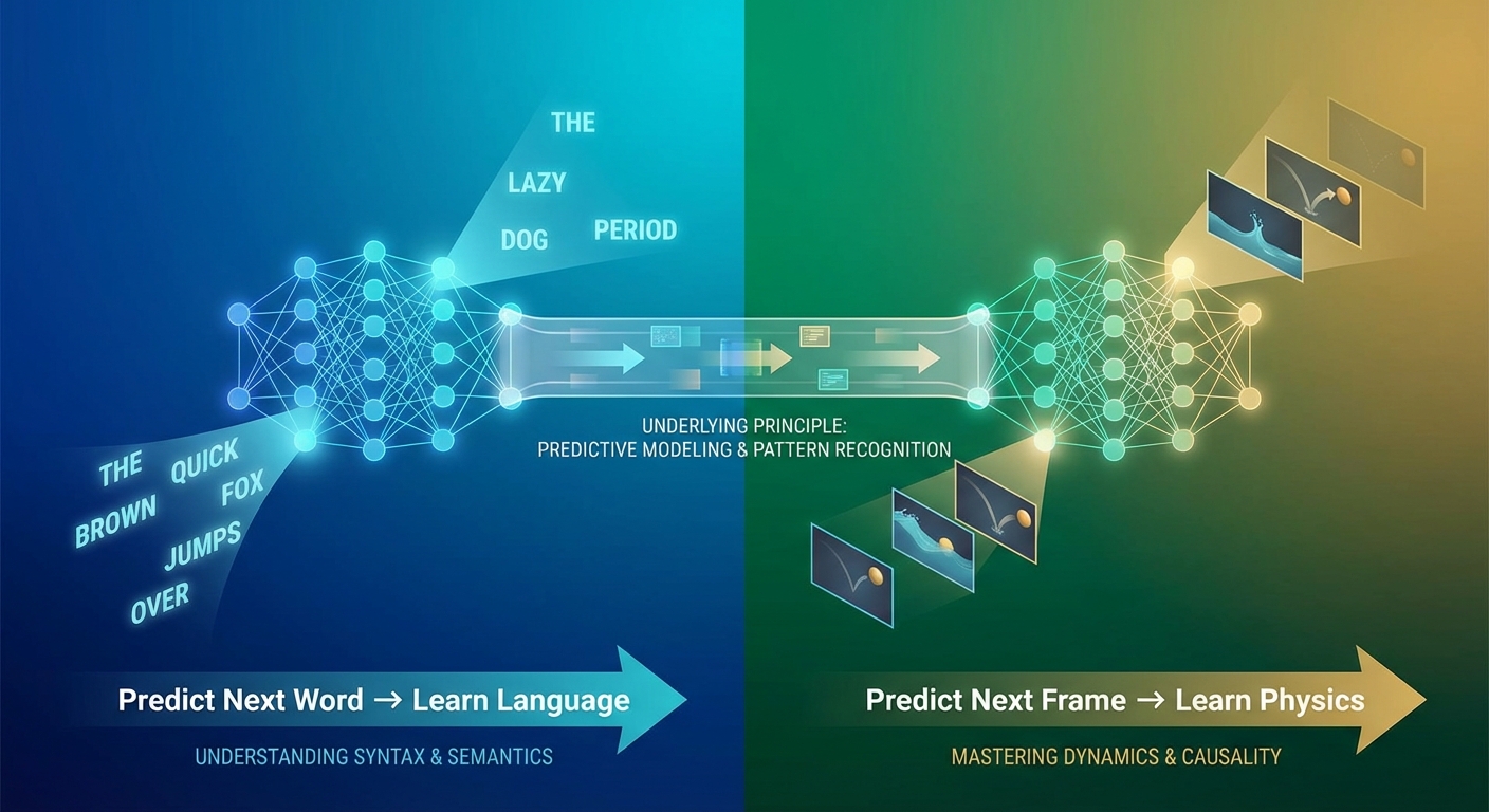 Illustration showing the parallel between language prediction and physics prediction in AI