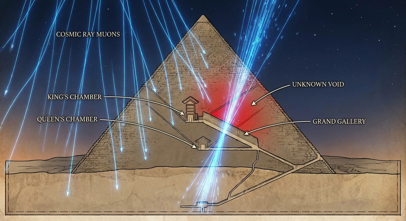 Diagram showing muon particles passing through the Great Pyramid with detected void highlighted