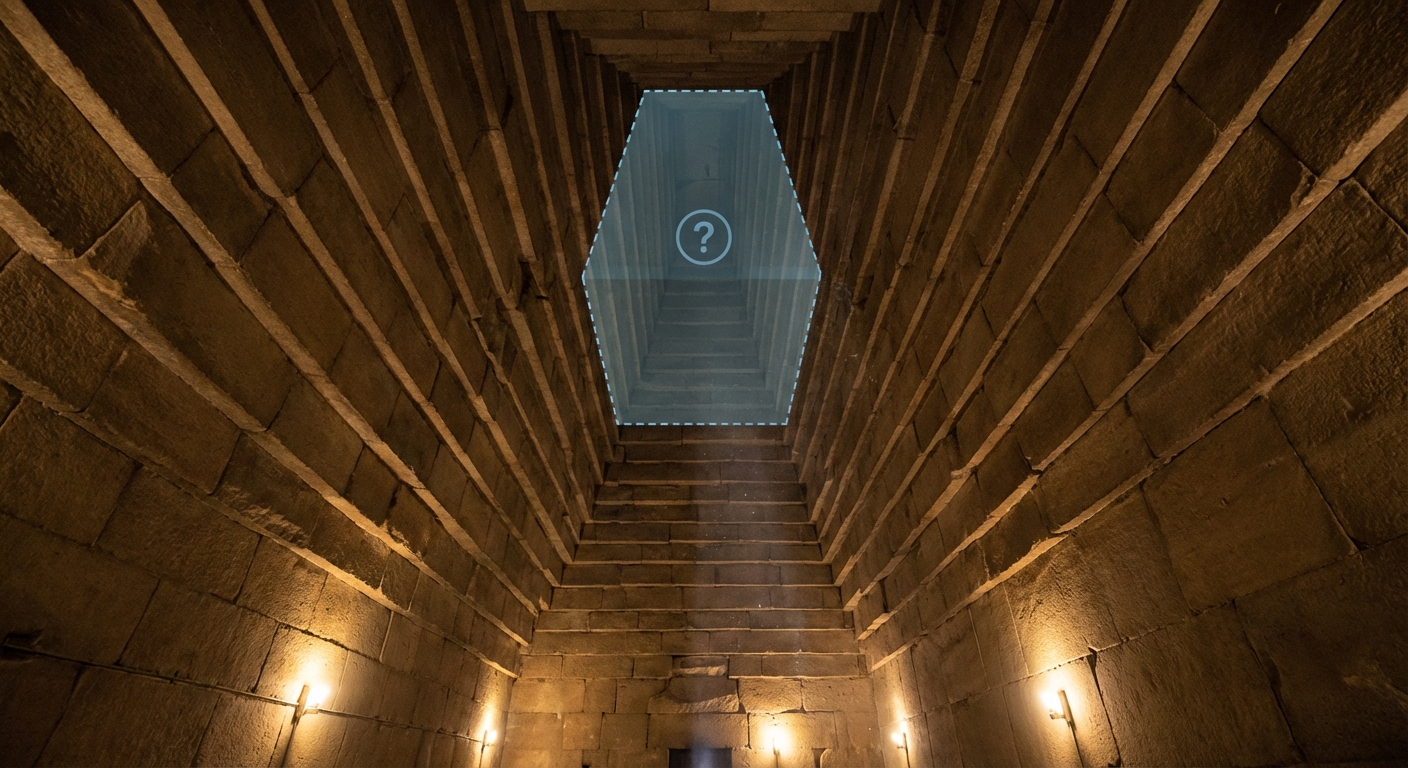 Interior view of Grand Gallery in Great Pyramid with corbelled walls ascending dramatically