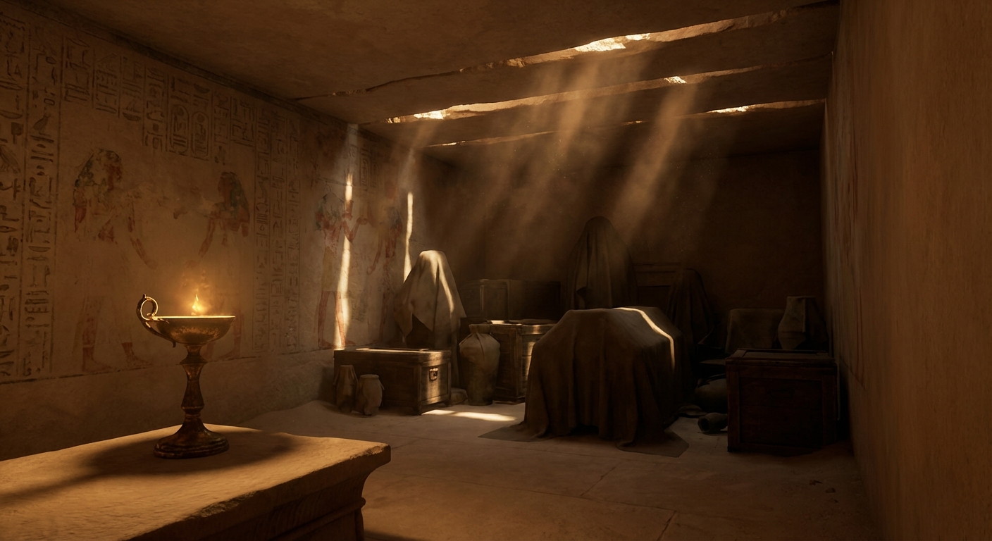 Artistic interpretation of possible hidden chamber with ancient Egyptian artifacts and hieroglyphics