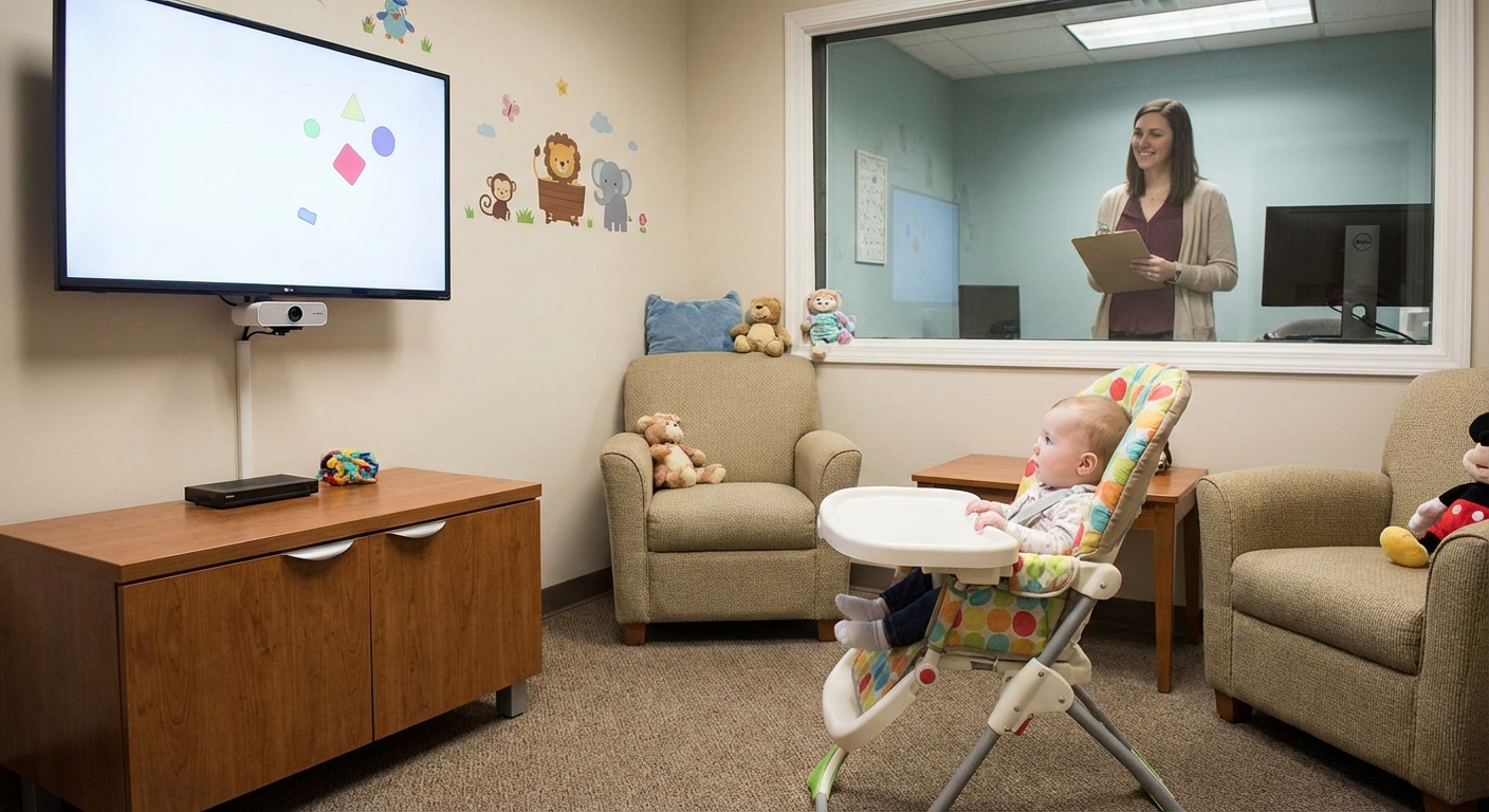 Research laboratory setup showing infant looking study with eye-tracking equipment