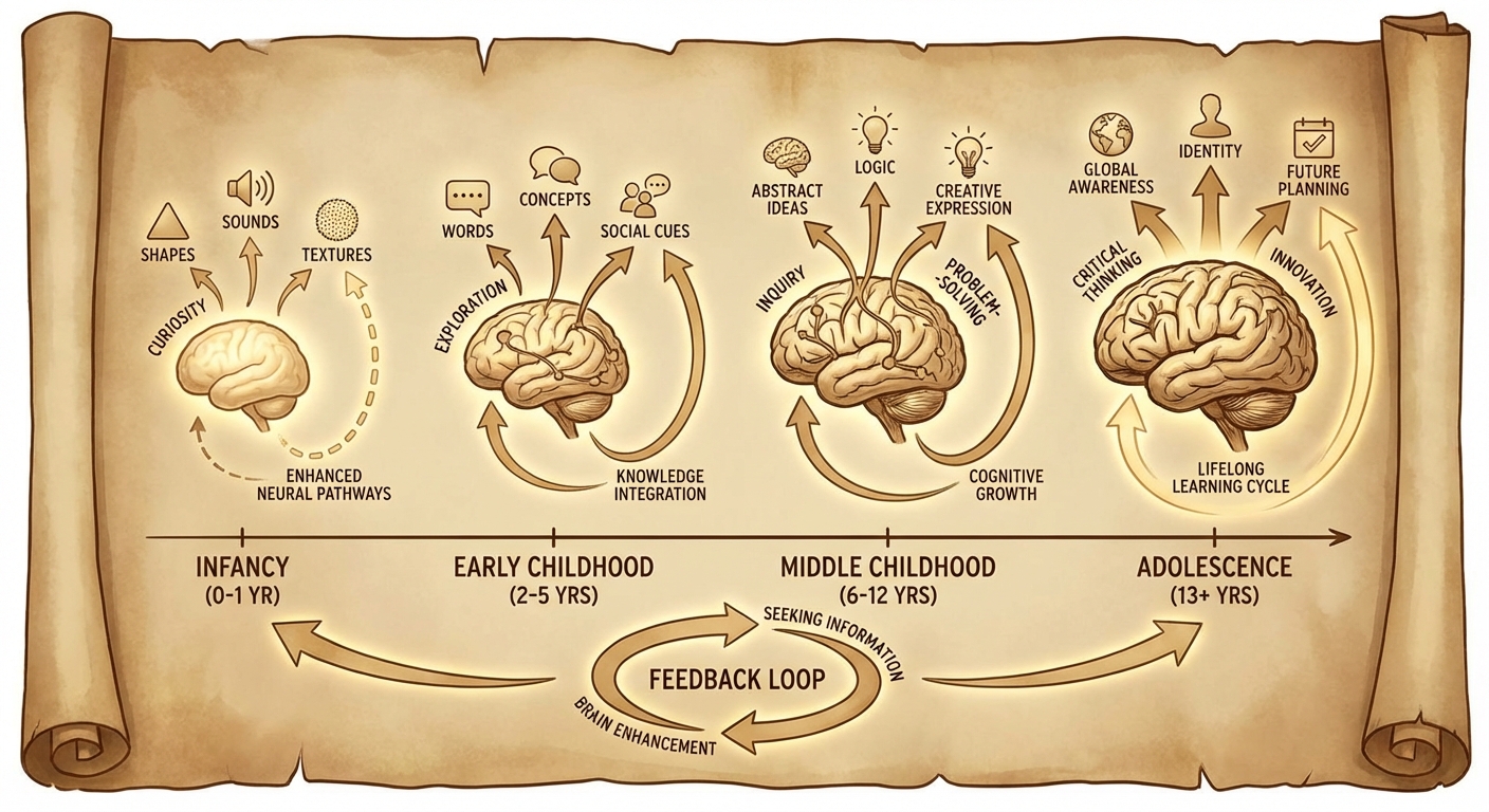 Conceptual illustration of curiosity feedback loop showing infant brain development over time