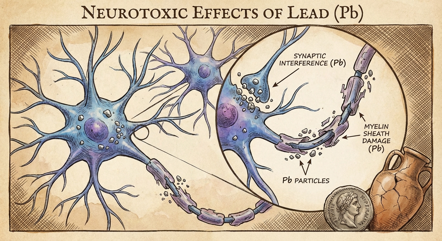 Microscopic illustration showing lead particles interfering with neurons in brain tissue