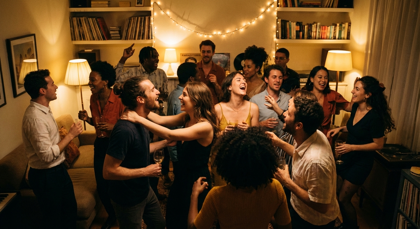 Friends dancing at house party with warm lighting and no phones visible anywhere
