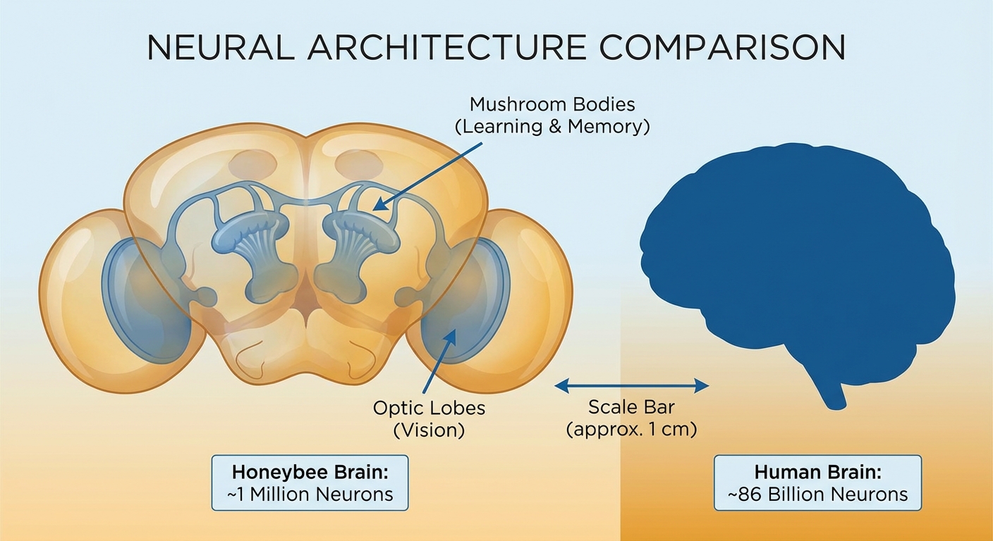 Diagram comparing bee brain to human brain with neuron counts labeled