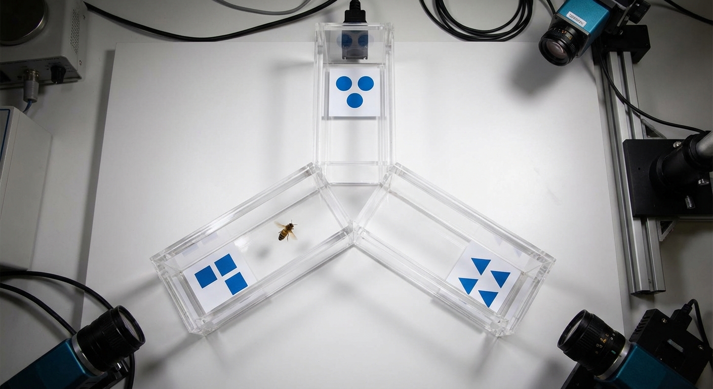 Y-shaped maze used in bee arithmetic experiments with colored shapes at entrances