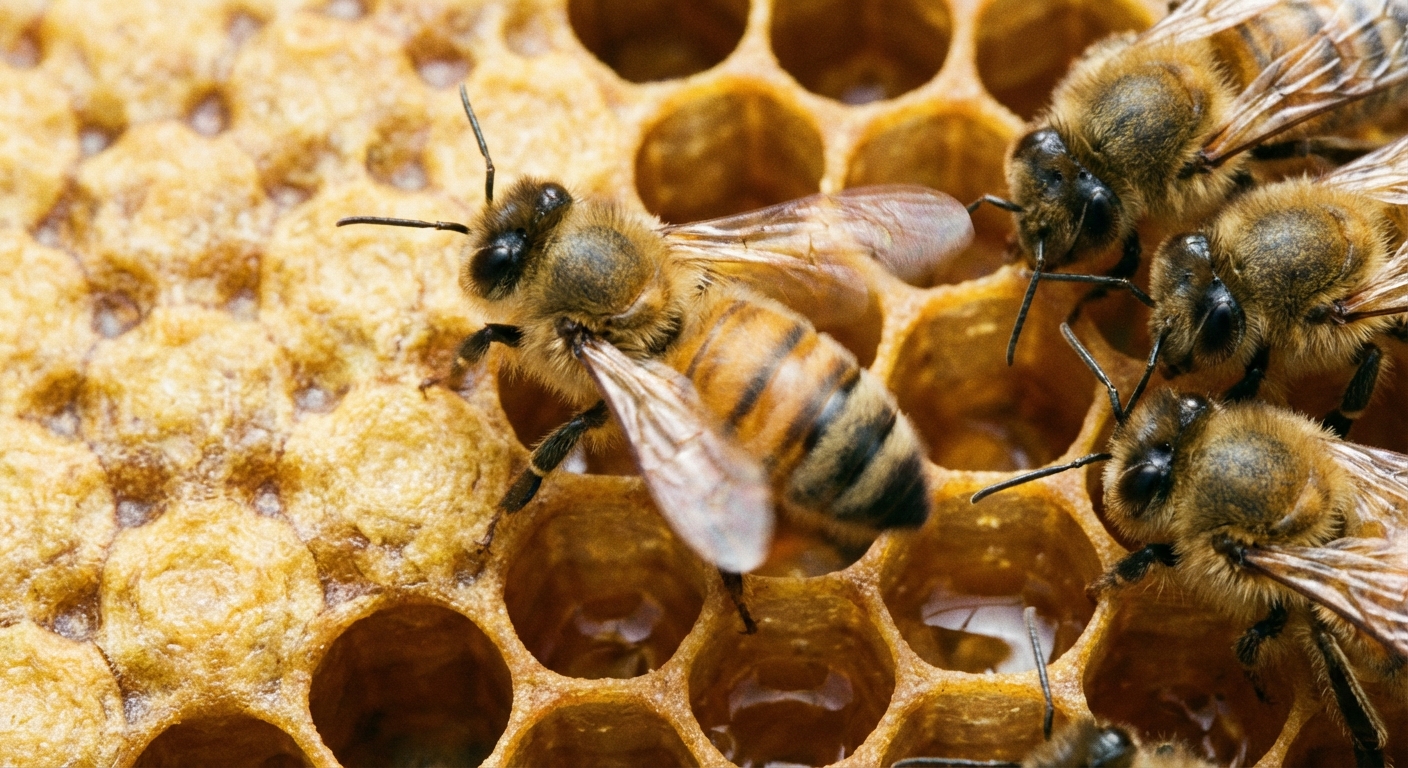 Honeybees performing waggle dances on honeycomb surface