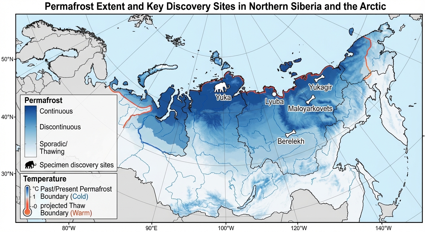 Map of Siberian permafrost regions showing specimen discovery locations