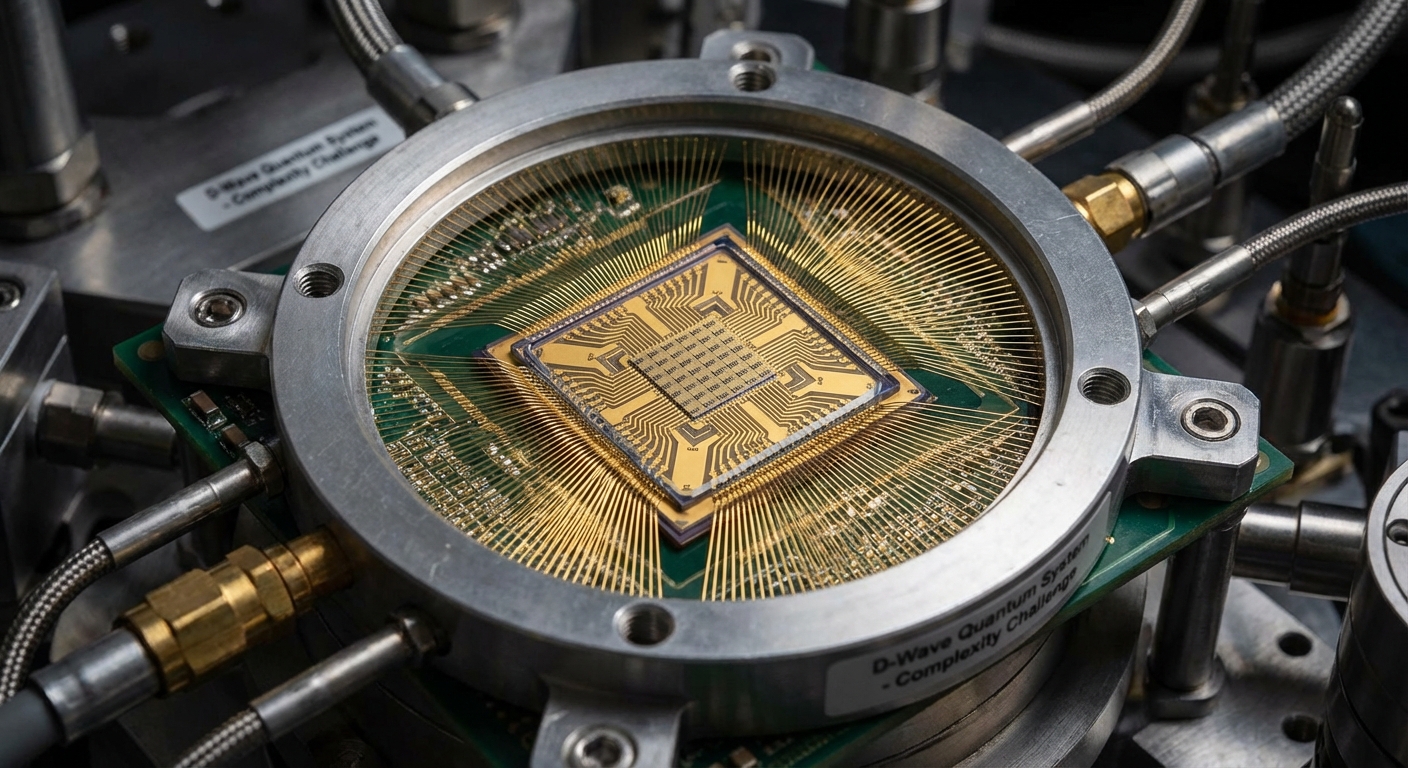 Close-up photograph of a quantum processor chip with intricate gold wiring patterns