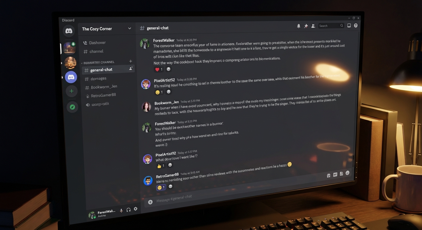 Computer screen showing intimate Discord community with genuine conversation threads