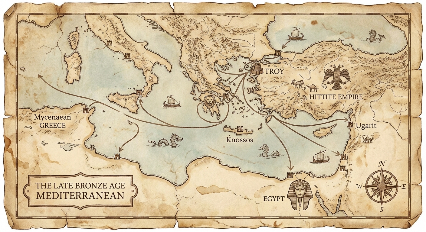 Map of the Bronze Age Mediterranean showing Troy's strategic position