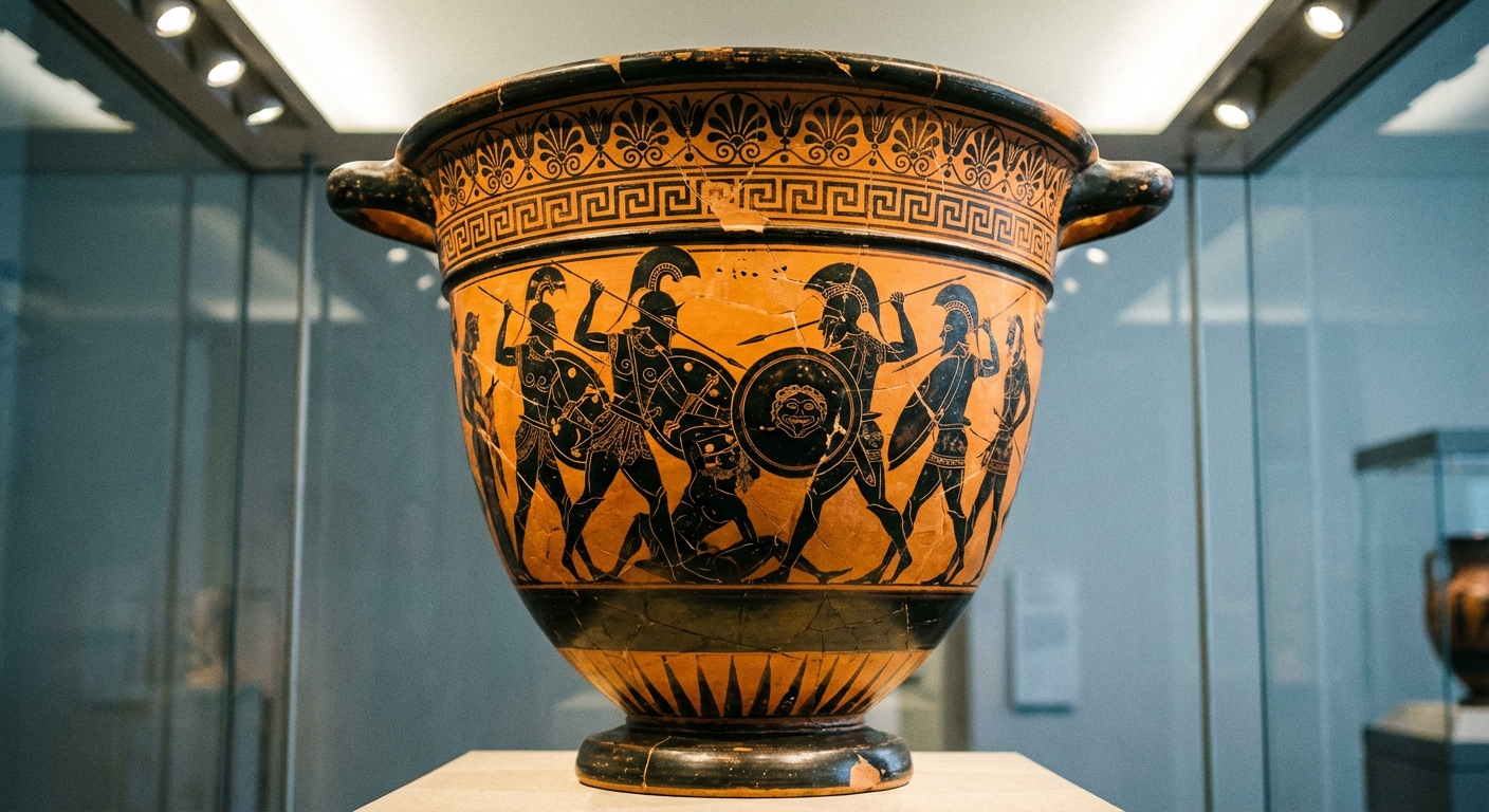 Ancient Greek vase painting depicting warriors in combat during the Trojan War