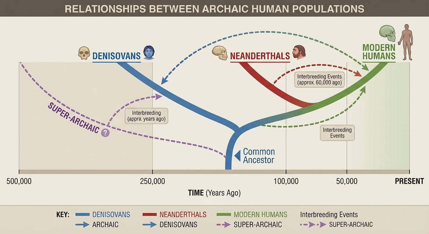 Diagram showing the complex relationships between Denisovans, Neanderthals, and modern humans