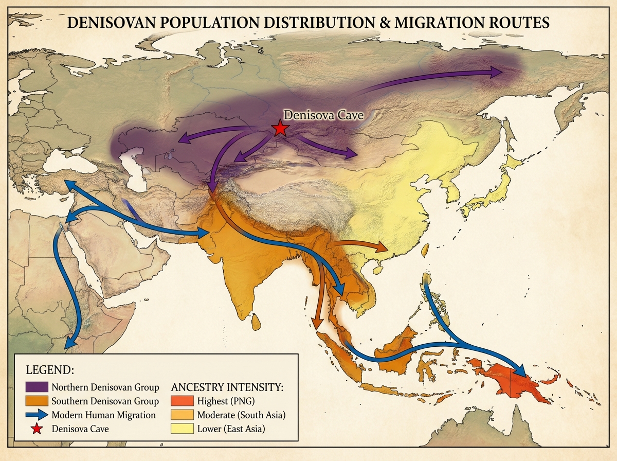 Map showing the spread of Denisovans across Asia and their genetic contributions to modern populations