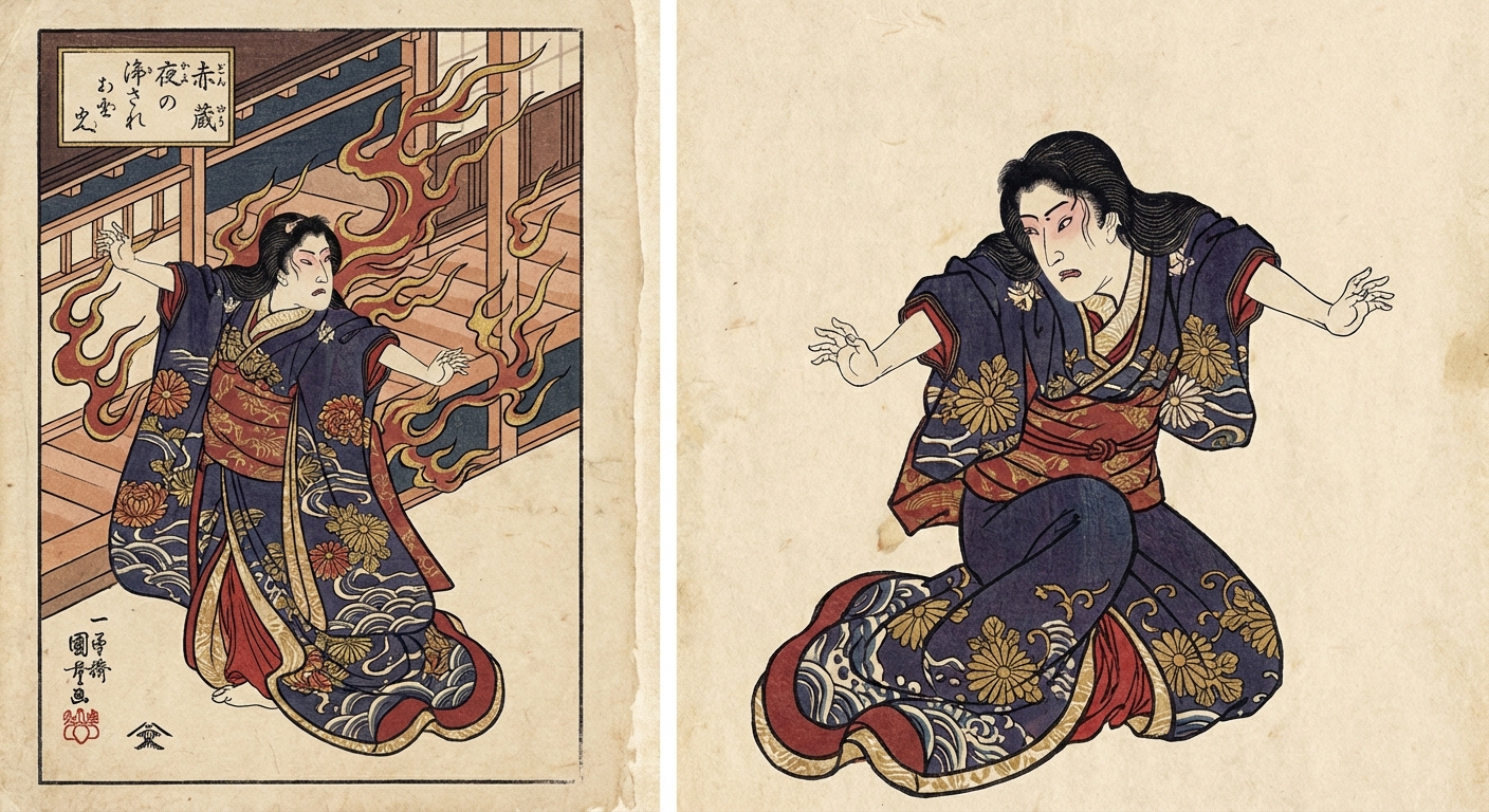 Traditional woodblock print depicting Yaoya Oshichi the legendary Fire Horse figure