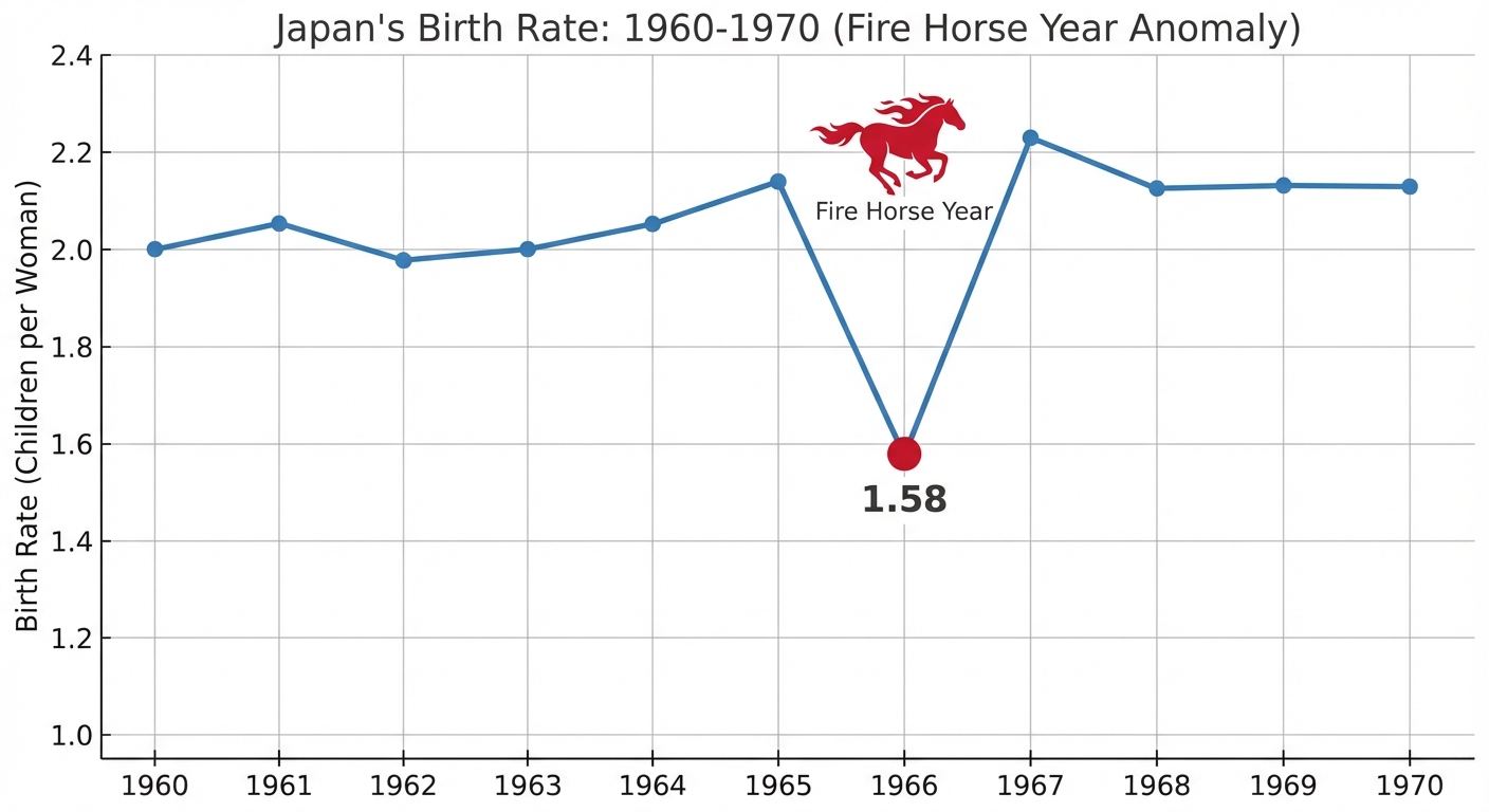 Graph showing Japan's dramatic birth rate drop in 1966 during the Fire Horse year