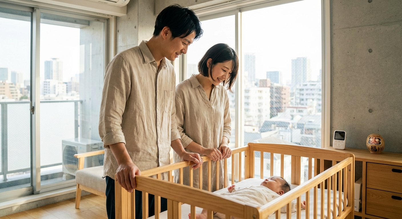 Modern Japanese family with young child representing changing attitudes toward superstition
