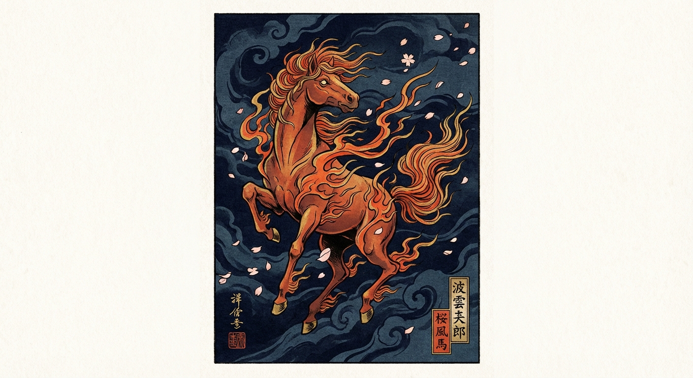 Traditional Japanese illustration of a fiery horse symbolizing the hinoeuma zodiac year