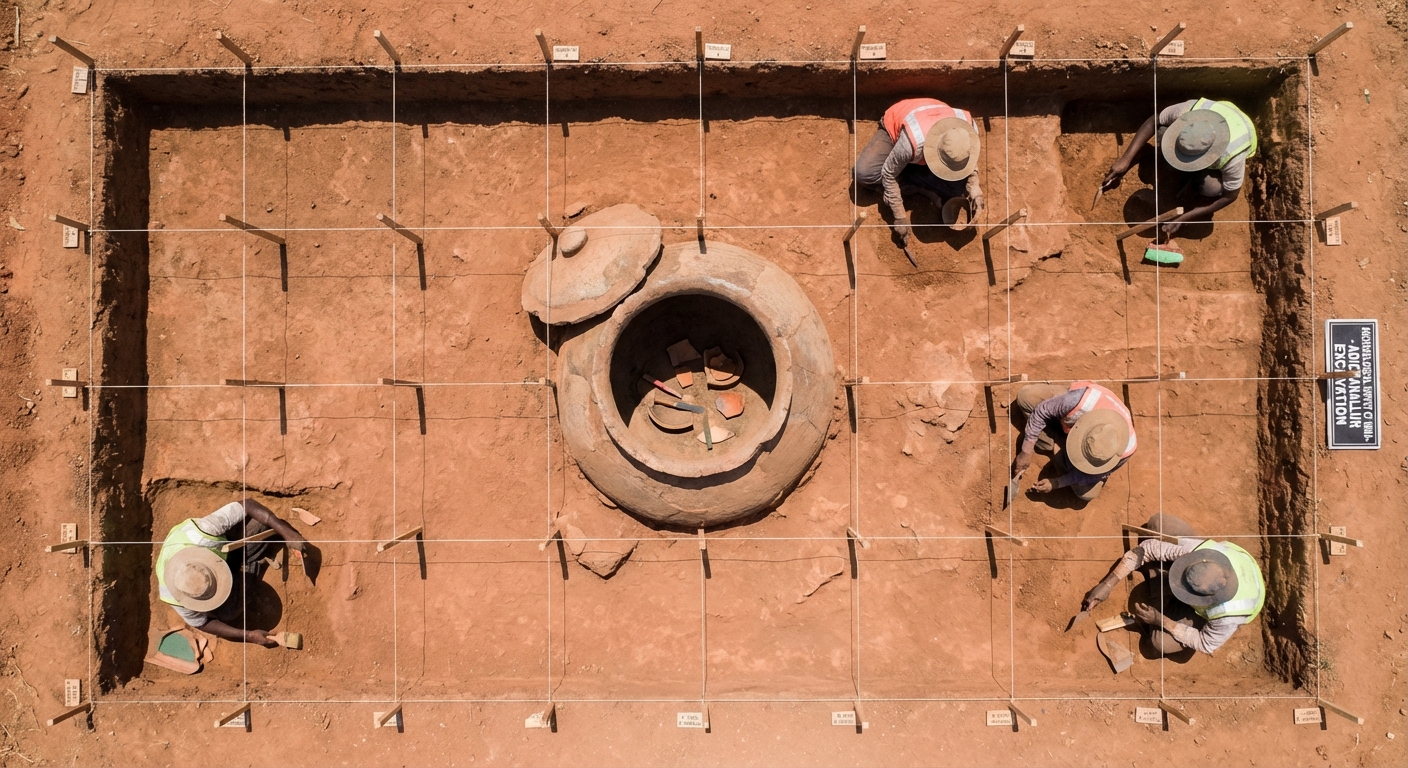 Megalithic burial urn excavation site showing typical South Indian funerary practices