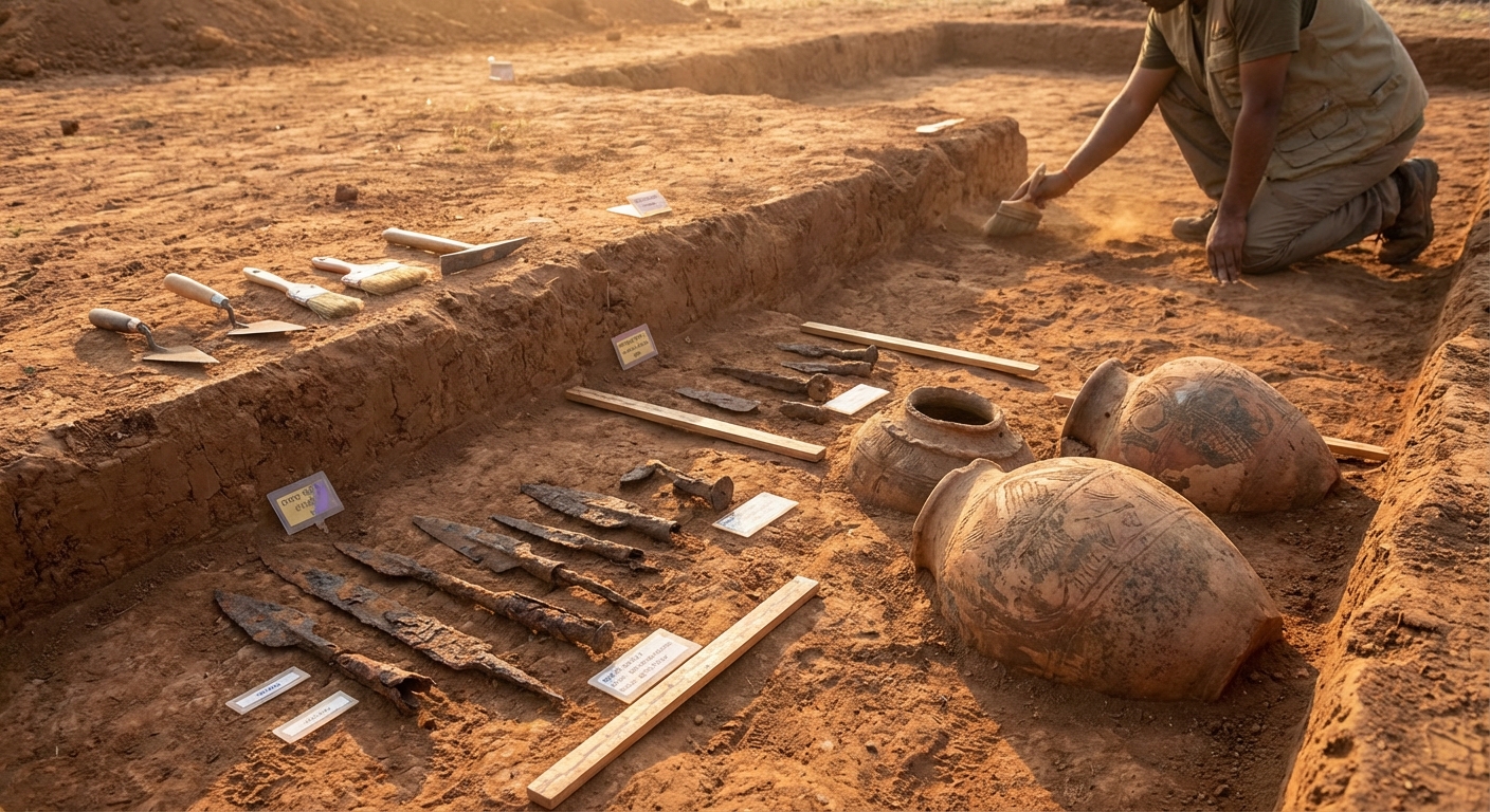 Ancient iron artifacts and burial urns from archaeological excavation in Tamil Nadu India