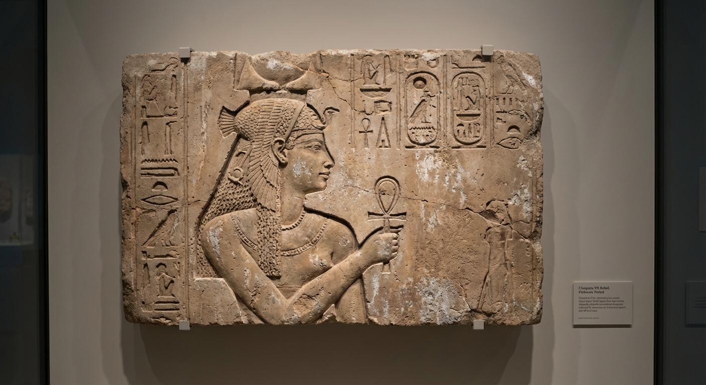 Ancient relief carving depicting Cleopatra VII in traditional Egyptian royal style