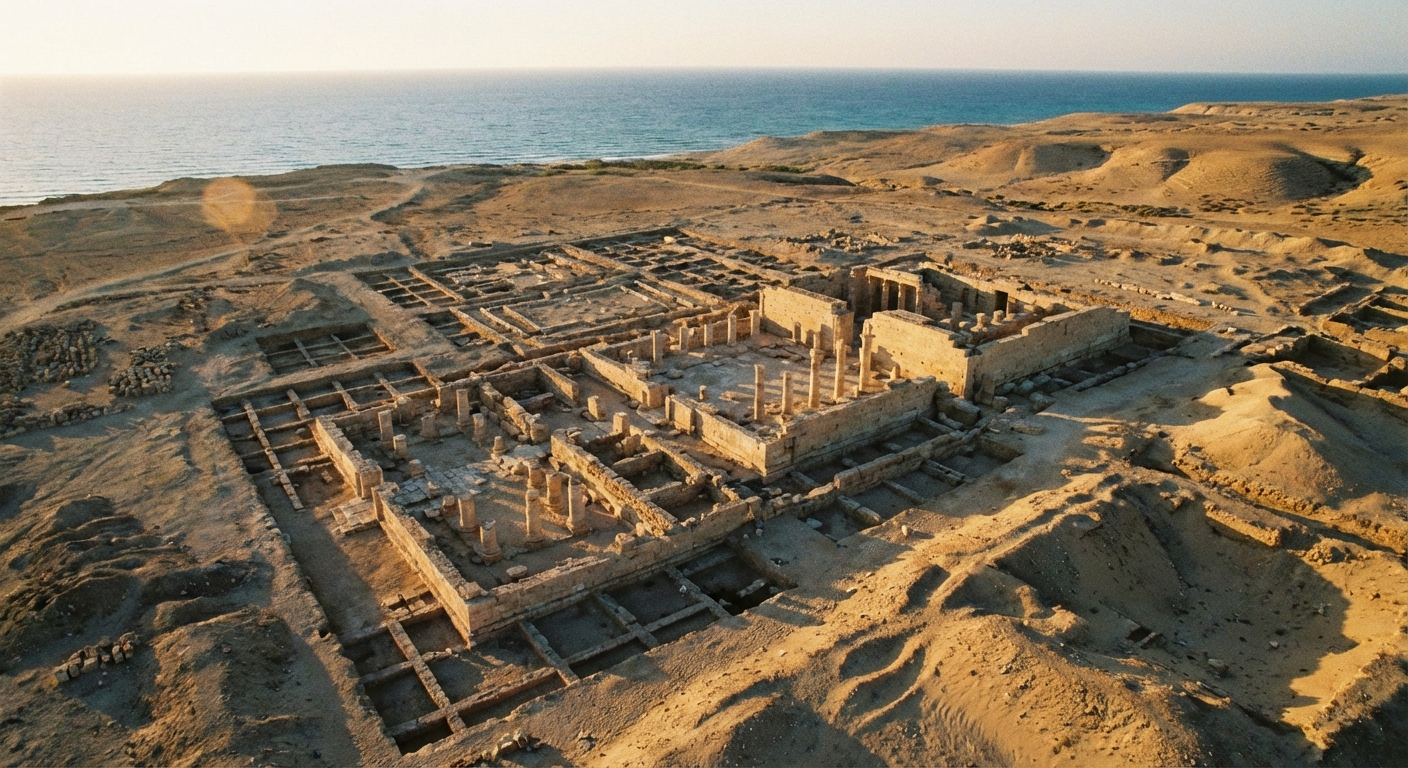 Aerial view of Taposiris Magna archaeological site showing temple ruins