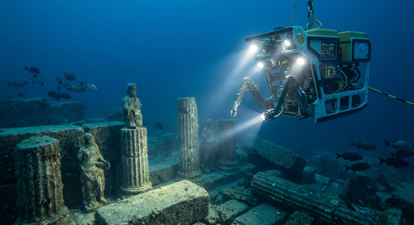 ROV underwater vehicle exploring submerged ancient ruins