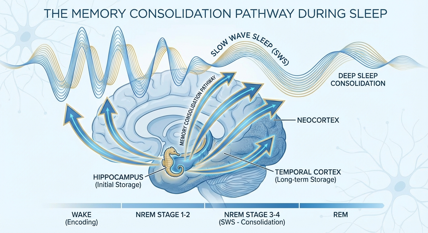 Diagram showing memory consolidation pathway from hippocampus to temporal lobe