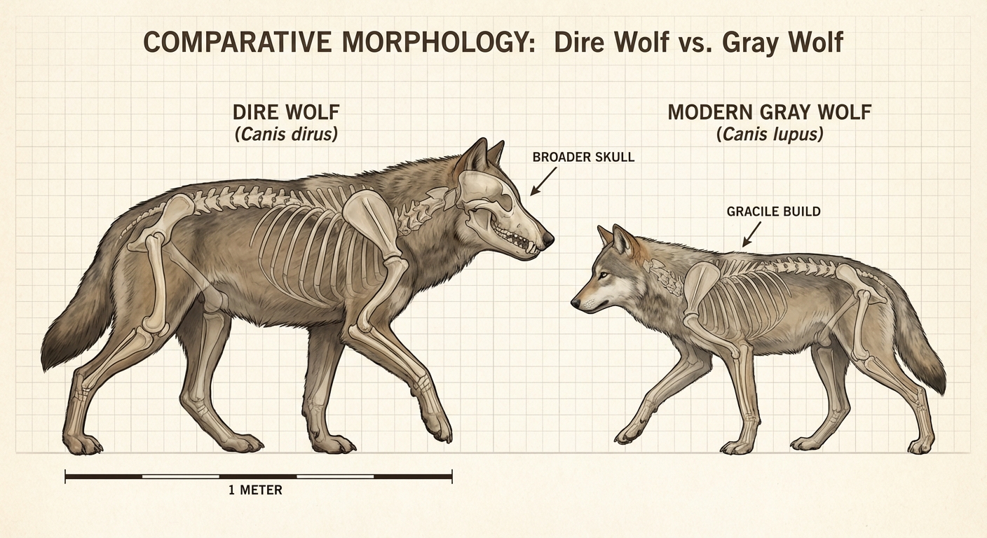 Size comparison diagram of dire wolf versus modern gray wolf