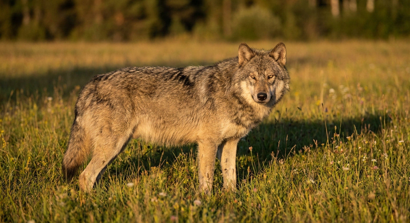 Modern dire wolf created through genetic engineering standing in natural setting