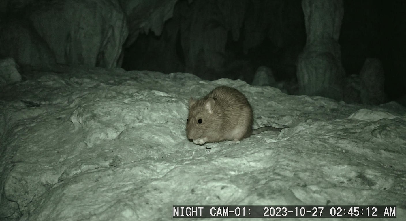 Night vision camera footage showing rat in cave environment
