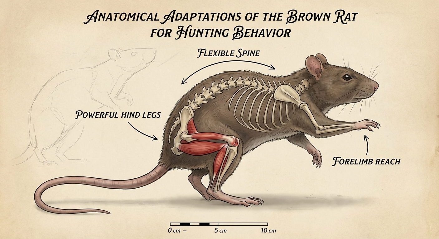Brown rat showing anatomical features that enable upright hunting posture