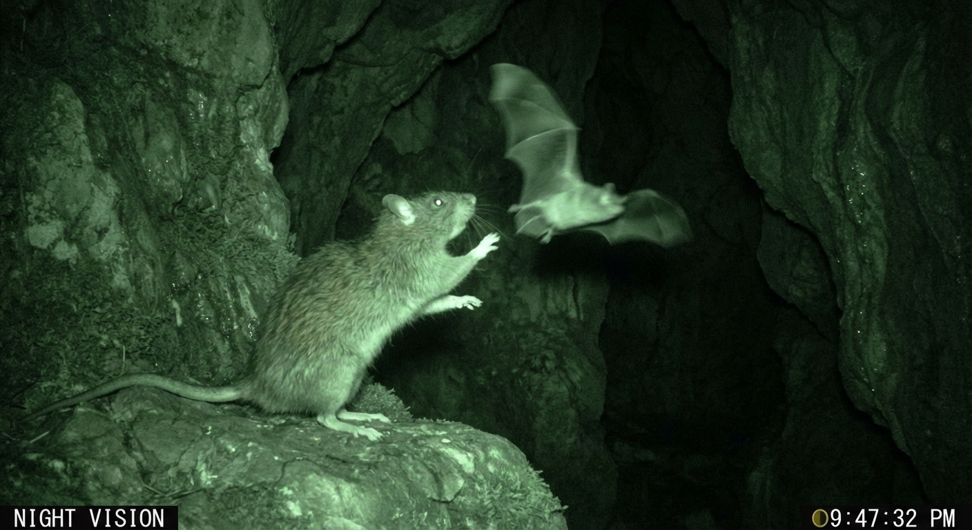 Rat standing upright in cave darkness reaching toward flying bat