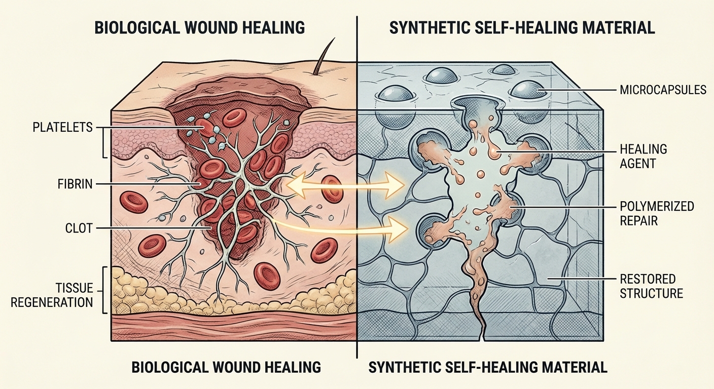 Comparison between biological wound healing and synthetic self-healing mechanisms