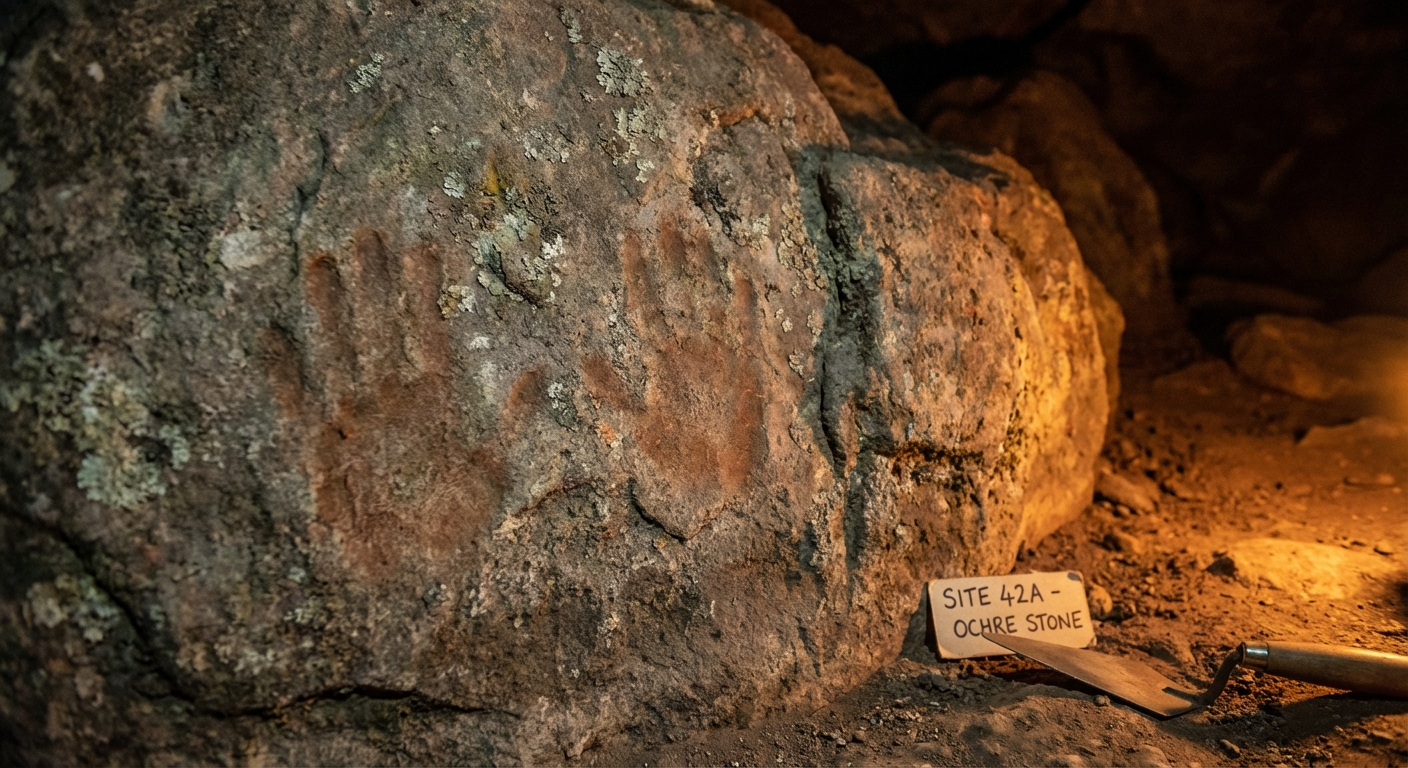 Ancient stone with red ochre fingerprint markings in warm cave lighting