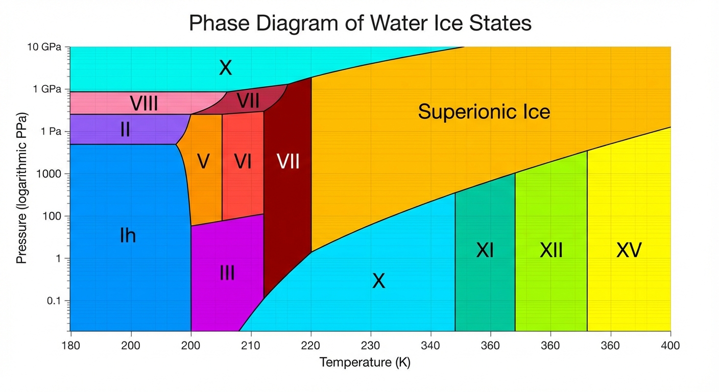 Diagram showing different phases of water ice at varying pressures and temperatures