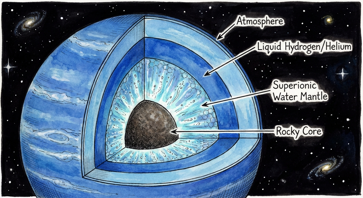 Cross-section illustration of Neptune showing layers including a superionic water mantle