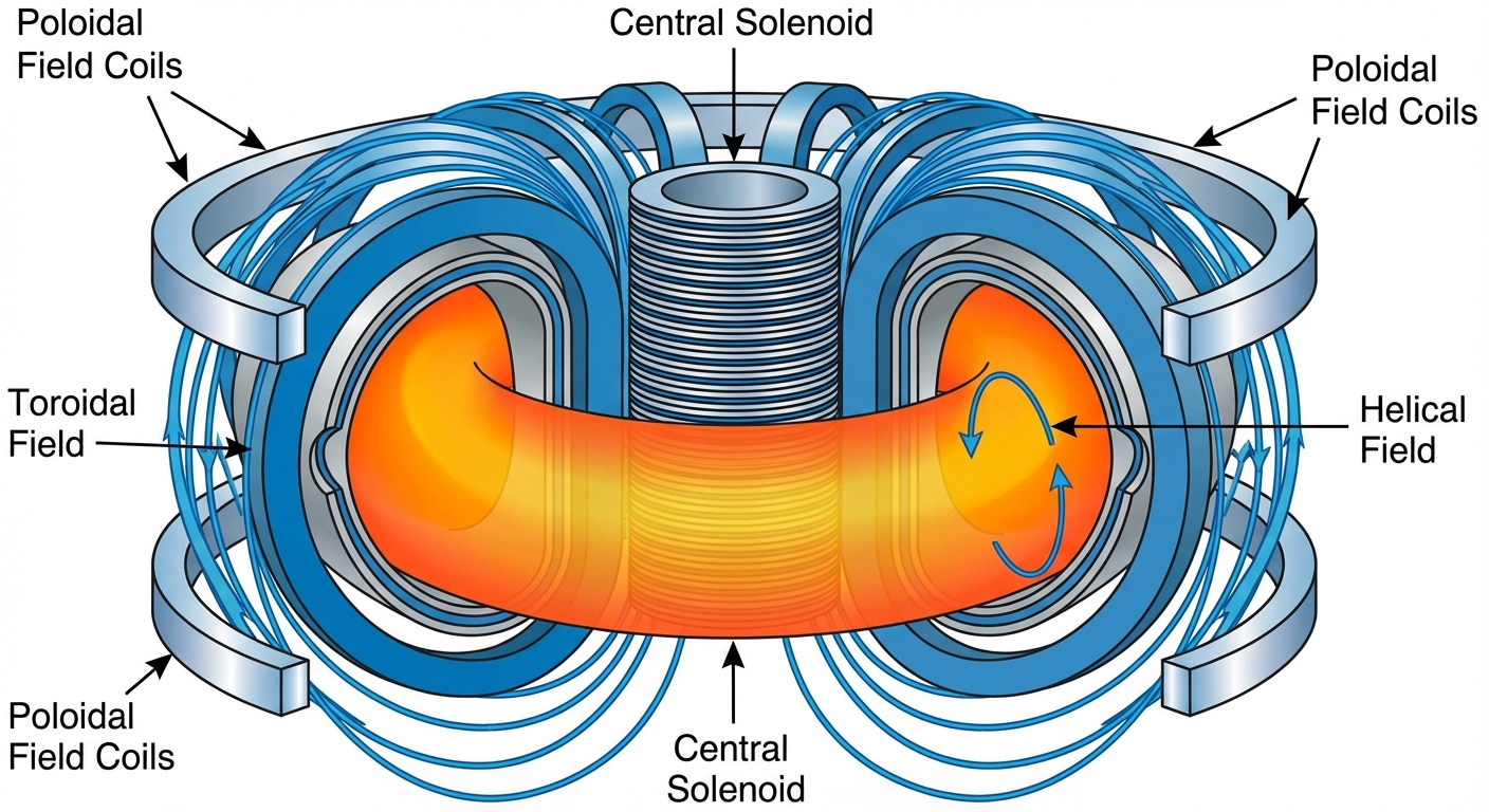 Cross-section diagram of tokamak showing magnetic confinement of plasma in donut shape