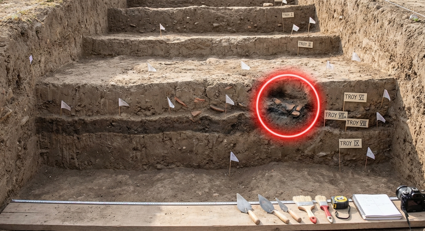 Archaeological excavation showing layers of Troy with markers indicating different settlement periods