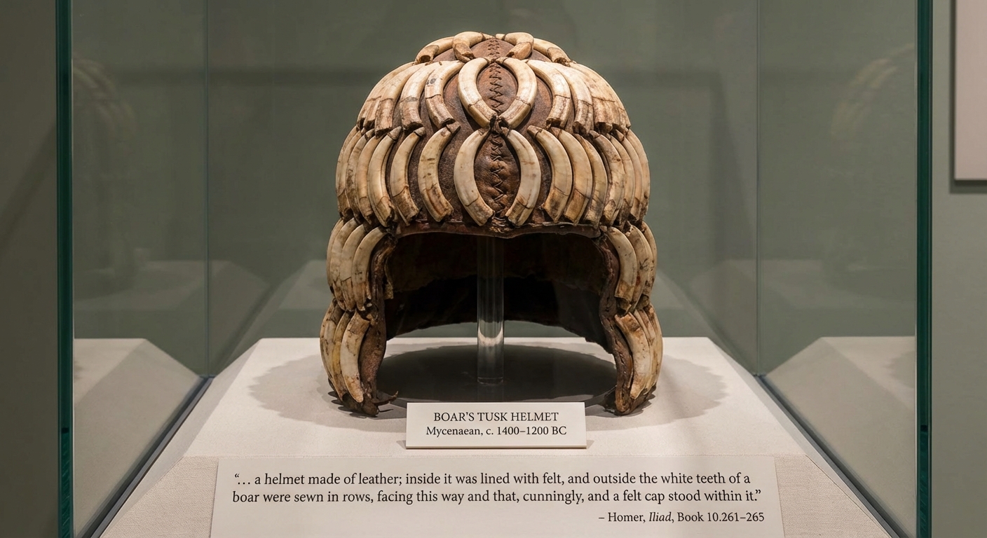 Mycenaean boar tusk helmet artifact matching Homer's description in the Iliad