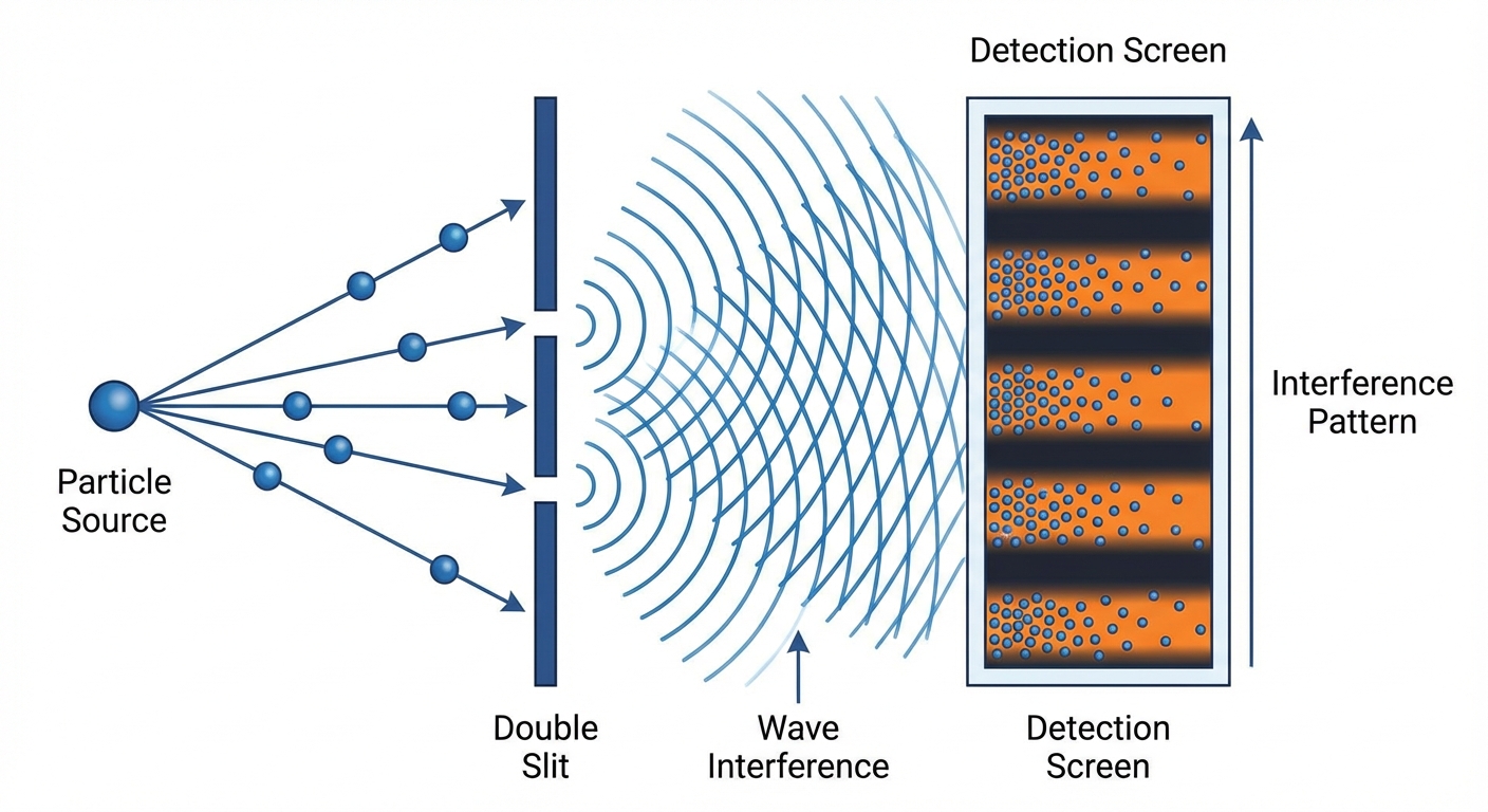 Double-slit experiment diagram showing particle beam creating interference pattern