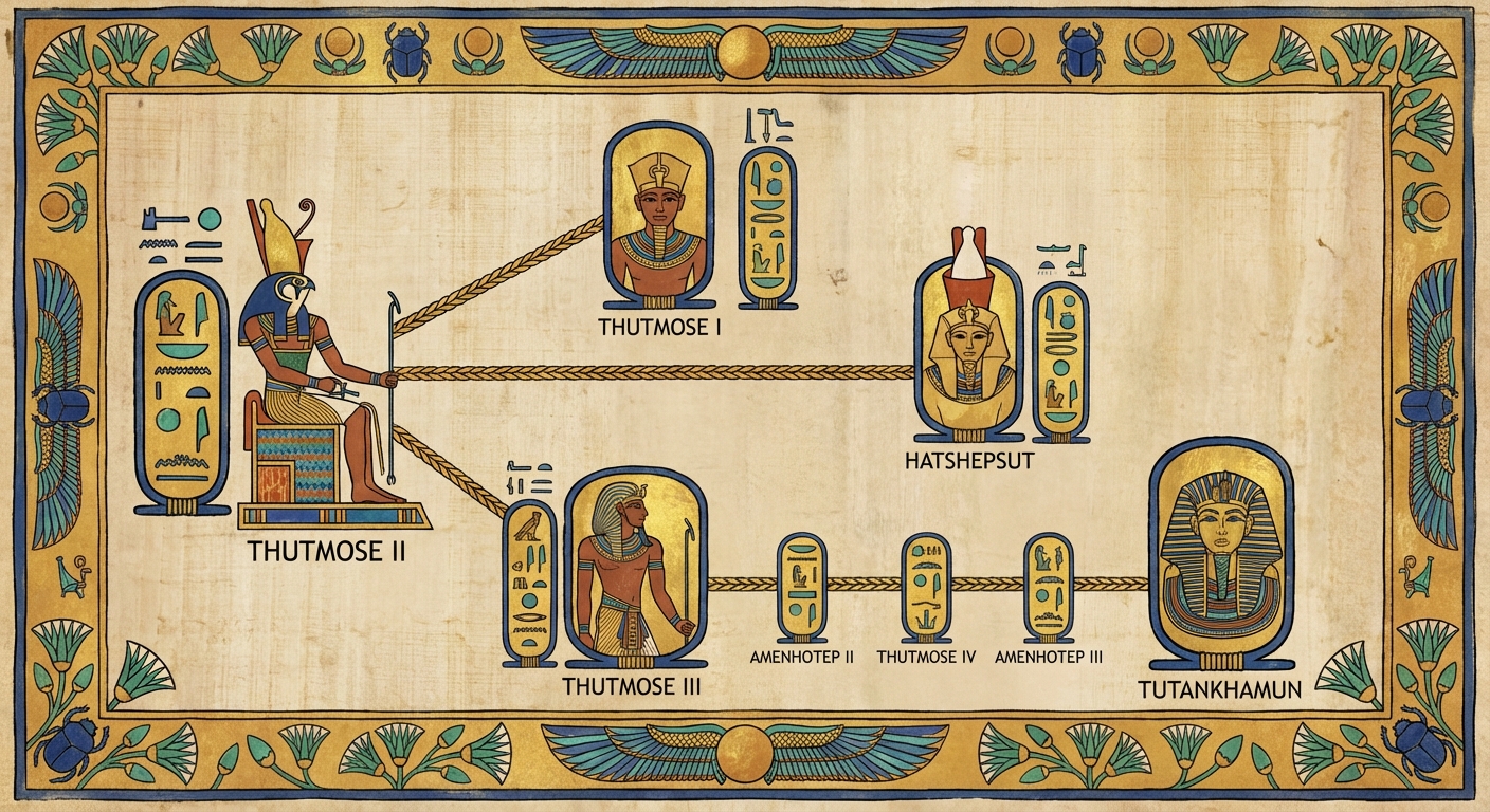 Family tree diagram showing Thutmose II's relationships to other famous pharaohs
